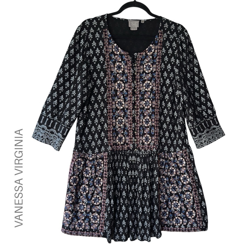 VANESSA VIRGINIA | ANTHROPOLOGIE CARIA EMBROIDERED DRESS 3/4 SLEEVE BOHO MEDIUM